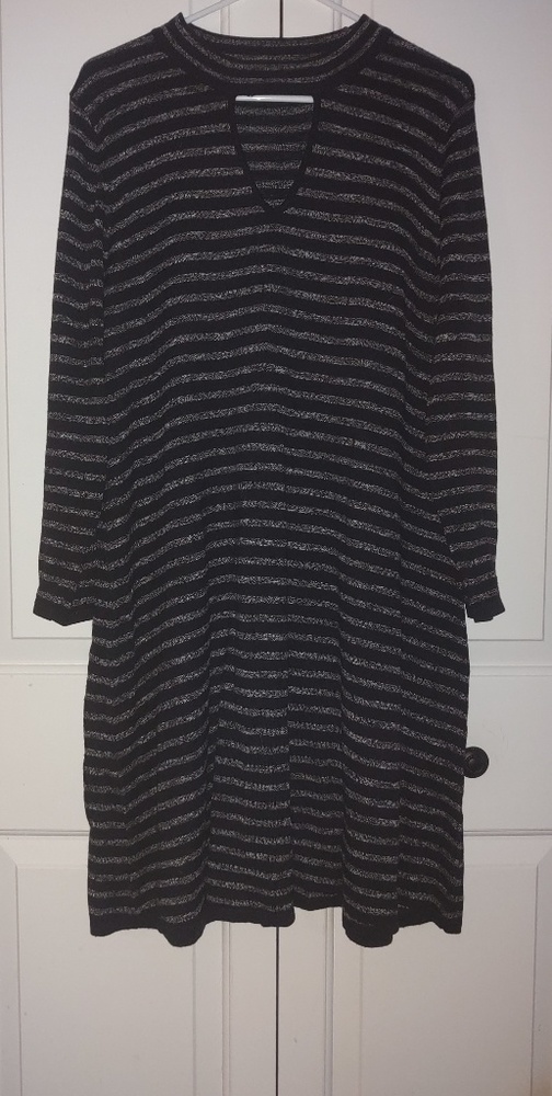 Black and gray striped dress with keyhole neckline